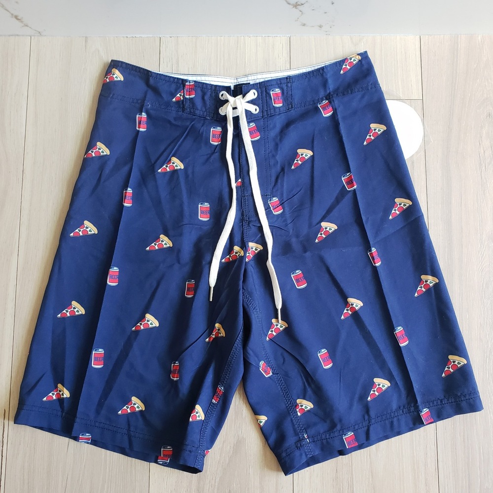 Made In Paradise Board Shorts Mens 32 Blue Pizza Beer‎ Novelty Swim Trunks